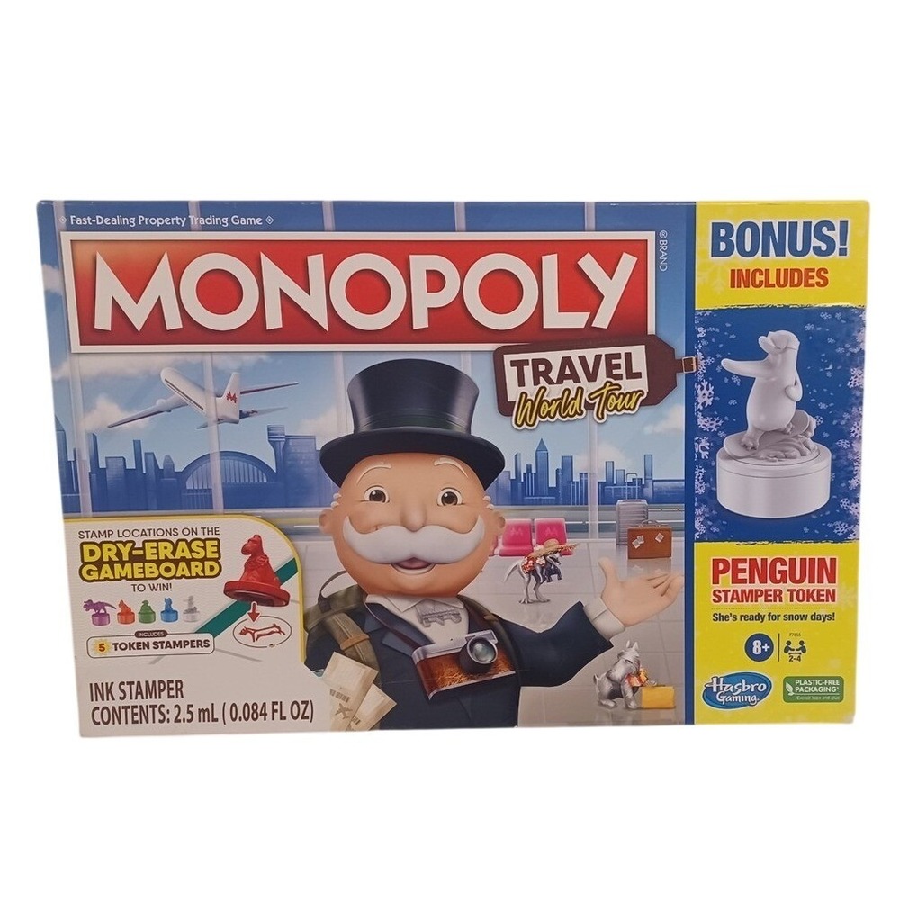Monopoly Travel World Tour Board Game Bonus Penguin Stamper Token Hasbro Ages 8+ - Picture 8 of 9